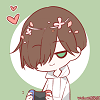 a chibi brown-haired sleepy-eyed boy with hair over one eye wearing a white hoodie and a video game controller